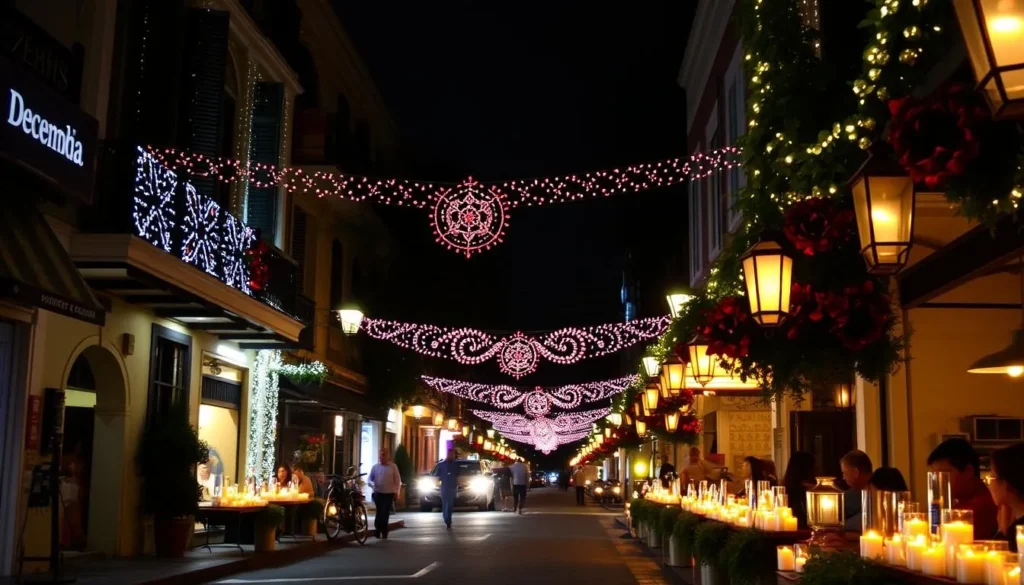 Image of a Colombian city street filled with candles and lanterns on the night of December 7th