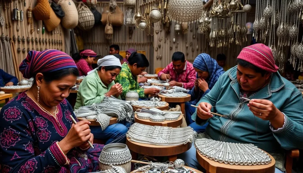 Image of a Mompox filigree workshop with artisans working on intricate jewelry pieces
