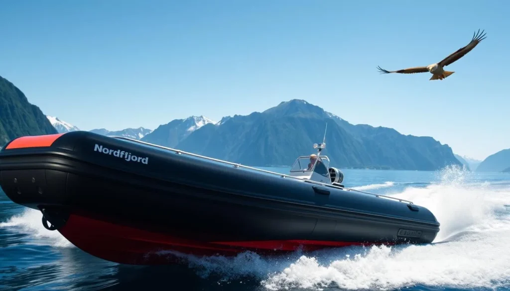 Image of a RIB boat speeding through the Nordfjord, with sea eagles flying overhead