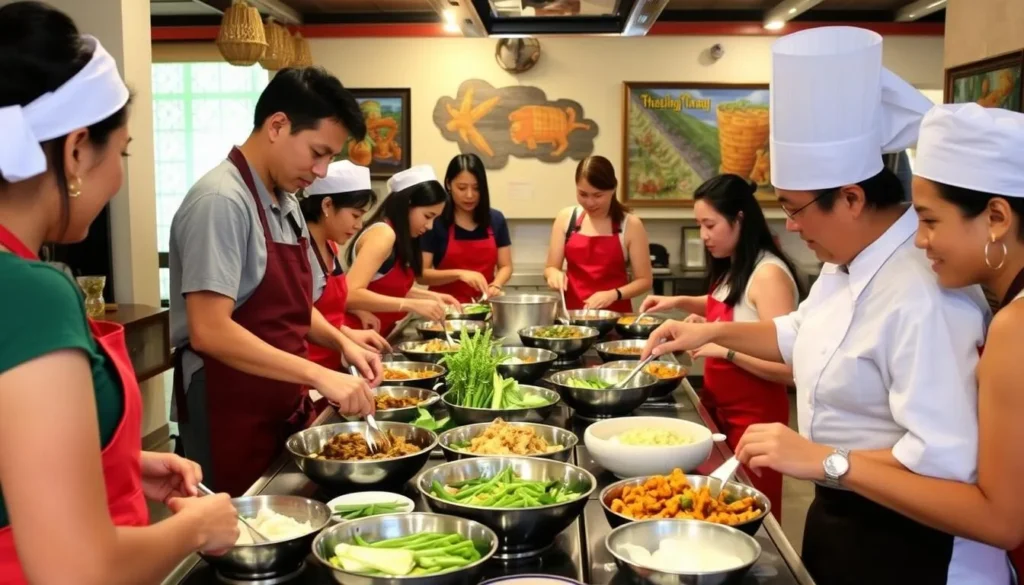 Image of a Thai cooking class in progress, with participants actively cooking and a chef guiding them.