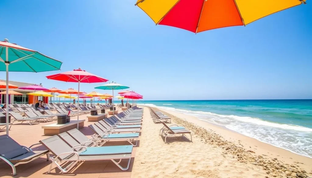 Image of a beach club at Playa Mansa with lounge chairs and umbrellas