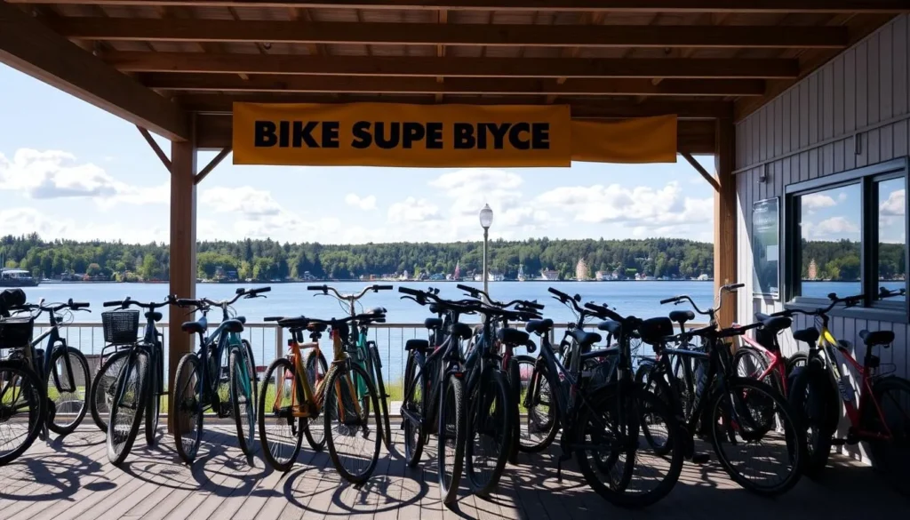 Image of a bike rental shop near Lake Vansjo with a variety of bicycles