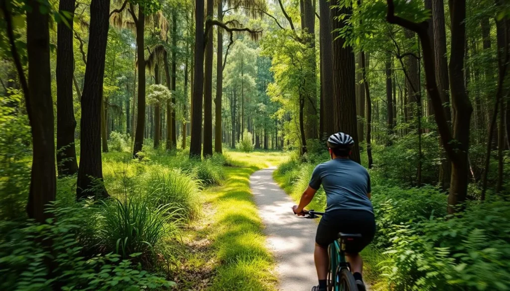 Image of a biker riding through the maritime forest of Cumberland Island