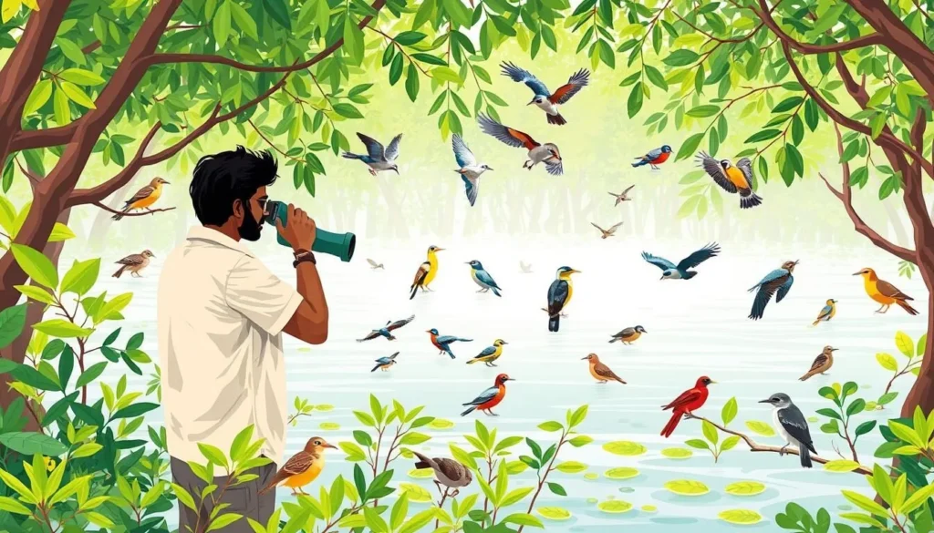 Image of a birdwatcher spotting birds in Kayamkulam's mangroves