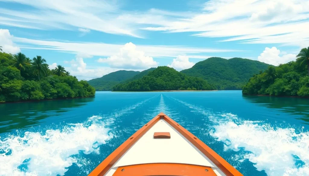 Image of a boat approaching Ilha de Anhatomirim