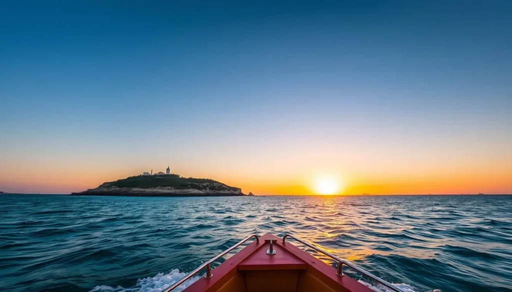 Image of a boat approaching Ilha do Farol
