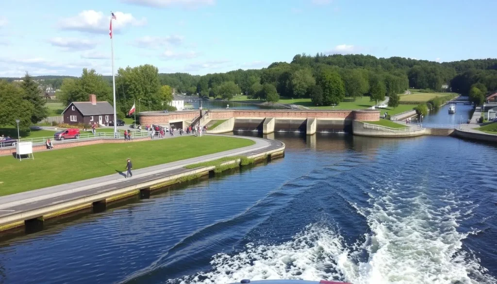 Image of a boat cruising through the Göta Canal with historic lock systems in the background