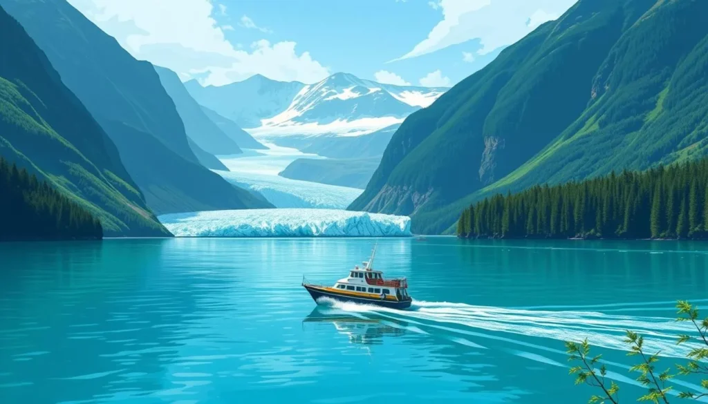 Image of a boat cruising through the turquoise-blue glacial waters of Bella Coola's fjords