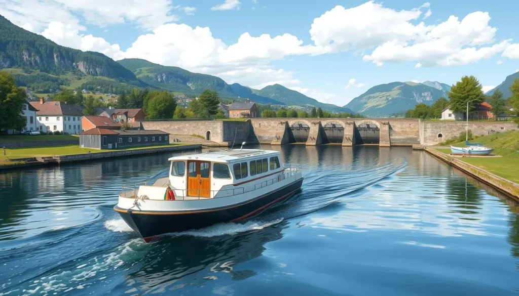 Image of a boat navigating through the Telemark Canal with historic locks in the background.