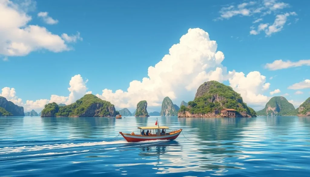 Image of a boat navigating through the islands of Mandal's archipelago Image of a boat navigating through the islands of Mandal's archipelago