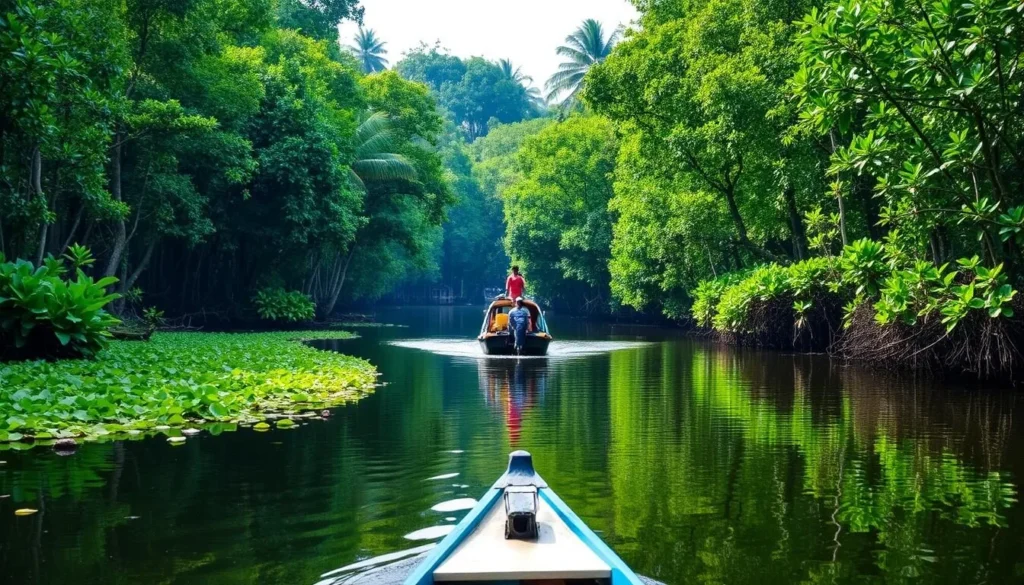 Image of a boat navigating through the mangrove forests of Kannur