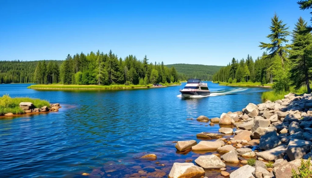 Image of a boat navigating through the waters of Voyageurs National Park