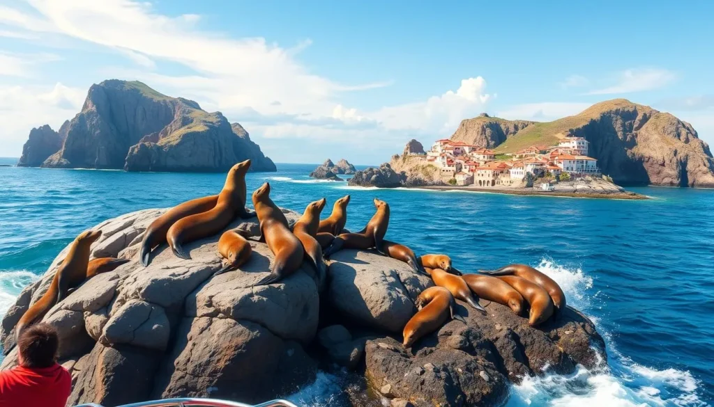 Image of a boat tour approaching the Ballestas Islands with sea lions on the rocks