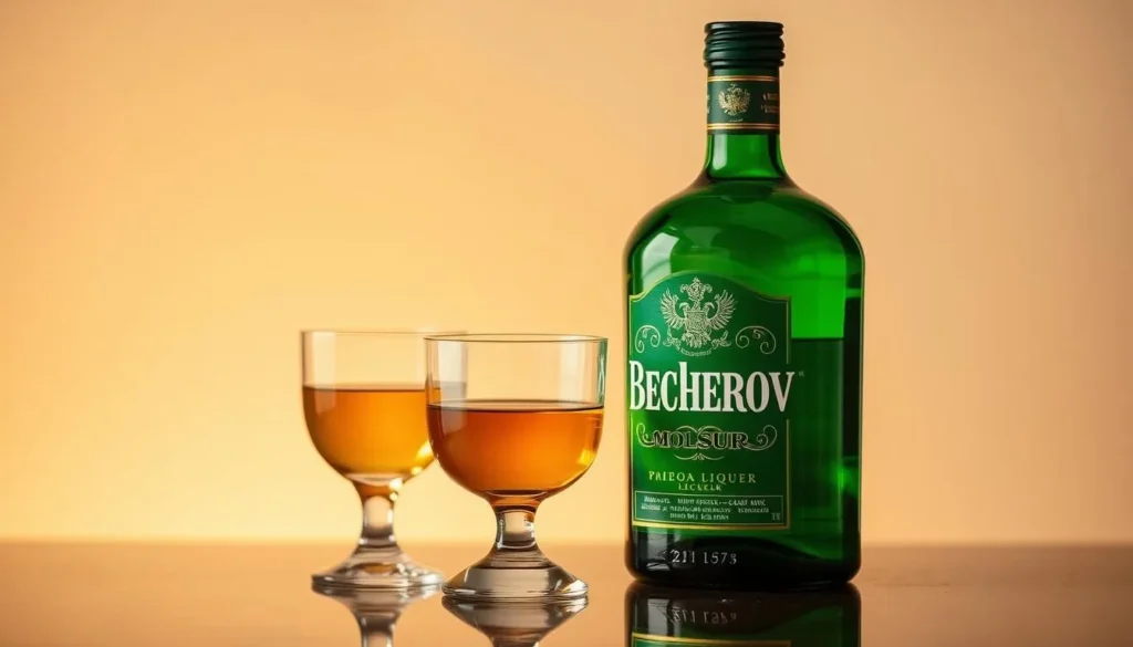 Image of a bottle of Becherovka liqueur with a glass