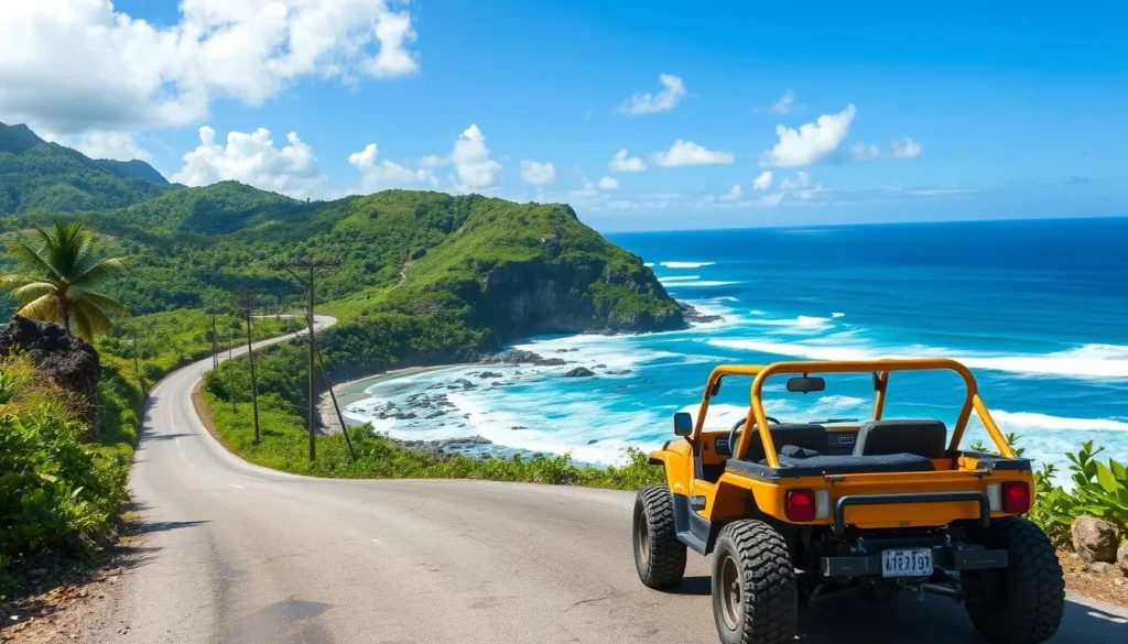 Image of a buggy driving on a scenic island road