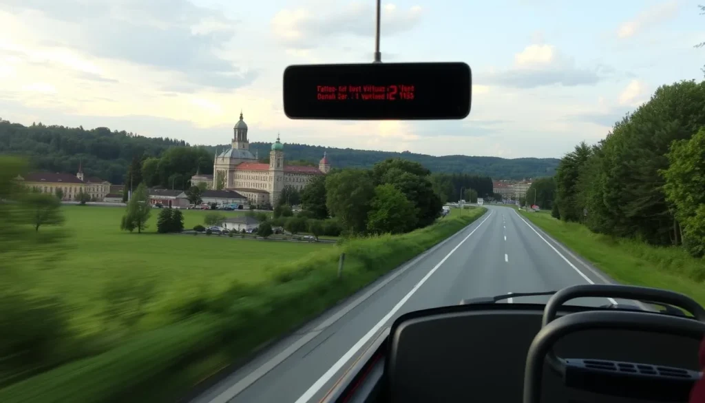 Image of a bus traveling from Vilnius to Trakai