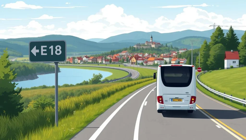 Image of a bus traveling on the E18 highway towards Stavern