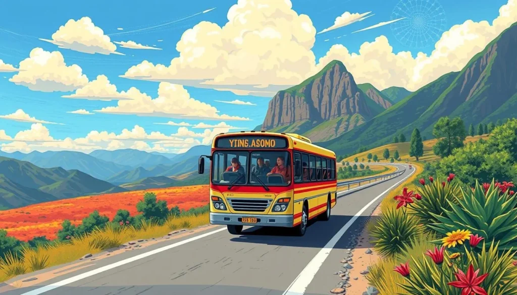 Image of a bus traveling on the road from Cusco to Puerto Maldonado