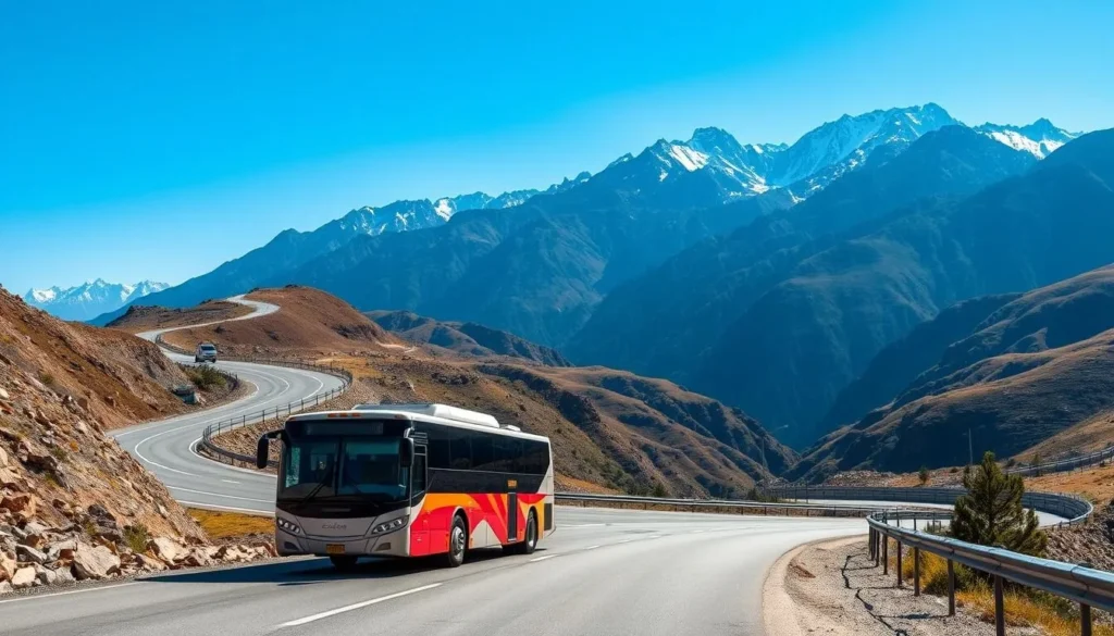 Image of a bus winding through mountain roads to La Rinconada