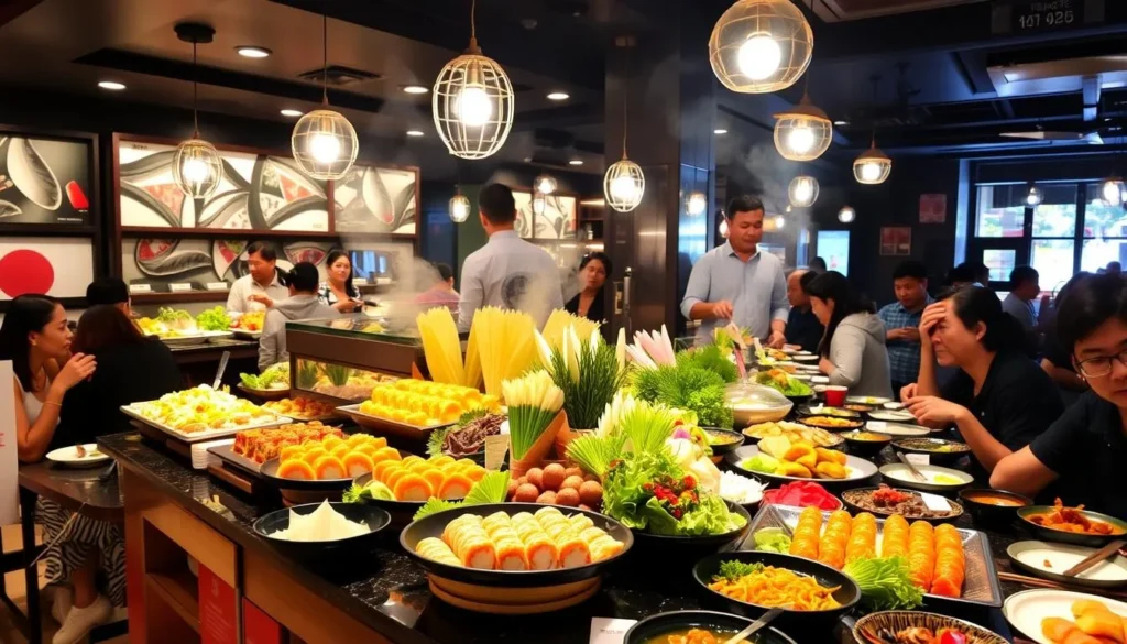Image of a bustling Japanese buffet in Brasilia