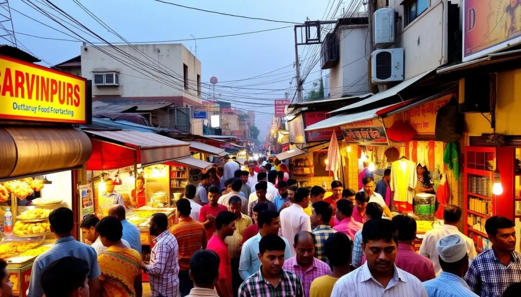 Image of a bustling food street in Gorakhpur with various street food vendors.