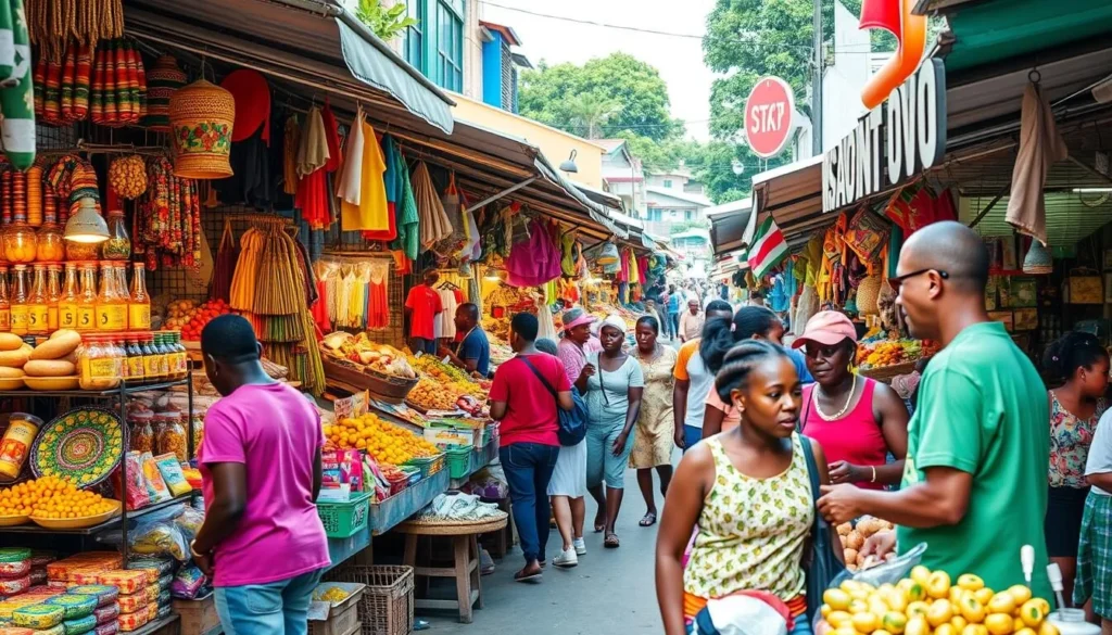 Image of a bustling market in Cayenne, French Guiana, with vibrant colors and diverse products on display.