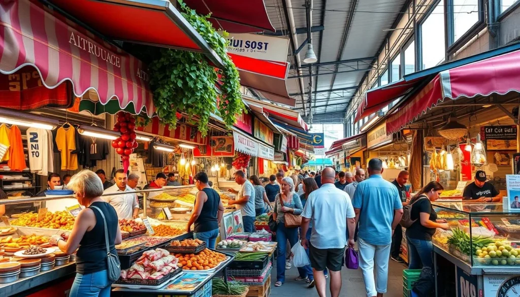 Image of a bustling market in Haifa with vibrant colors and diverse food stalls