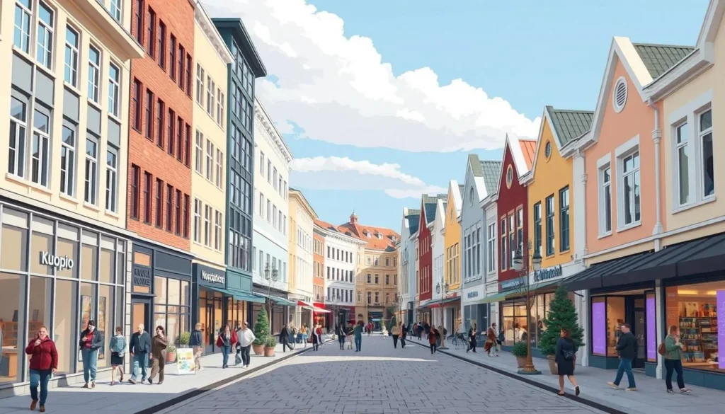 Image of a bustling shopping street in Kuopio with a mix of modern and traditional Finnish architecture.