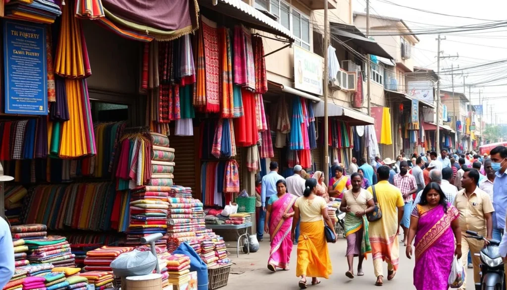 Image of a bustling shopping street in Salem, Tamil Nadu, with various textile shops and local vendors.