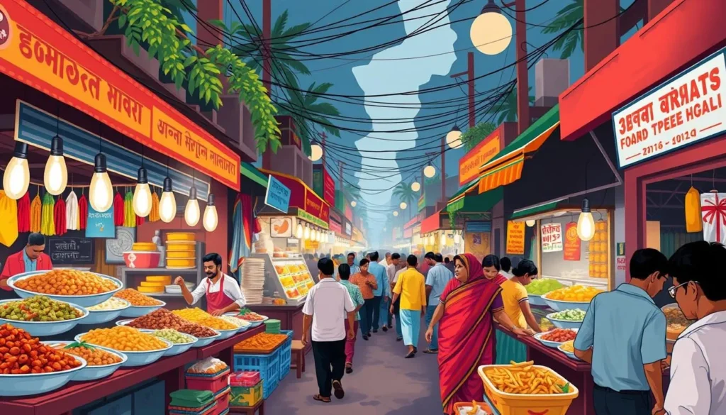 Image of a bustling street food market in Kamarhati with various vendors serving Bengali dishes