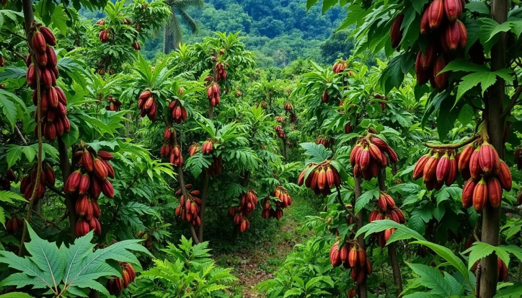 Image of a cacao plantation in French Guiana with lush green trees and ripe cacao pods