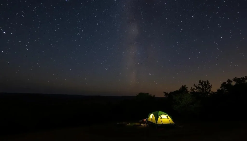 Image of a campsite at Lake Dardanelle State Park under a starry night sky