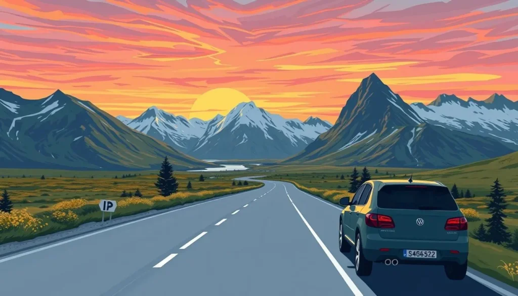 Image of a car driving through Norway's scenic landscapes towards Kjolen National Park