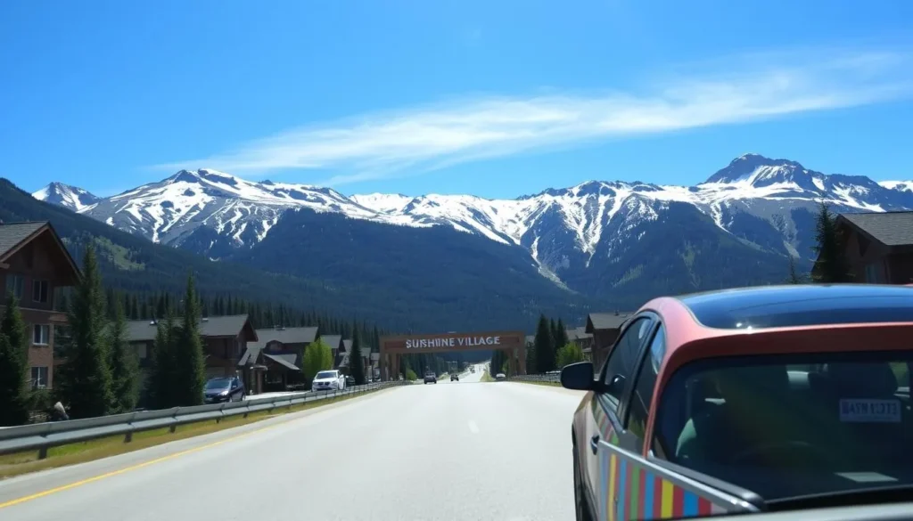 Image of a car driving towards Sunshine Village with mountains in the background
