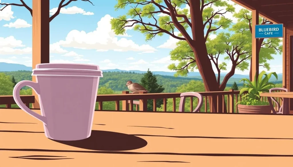 Image of a coffee cup at Bluebird Cafe with a scenic outdoor view