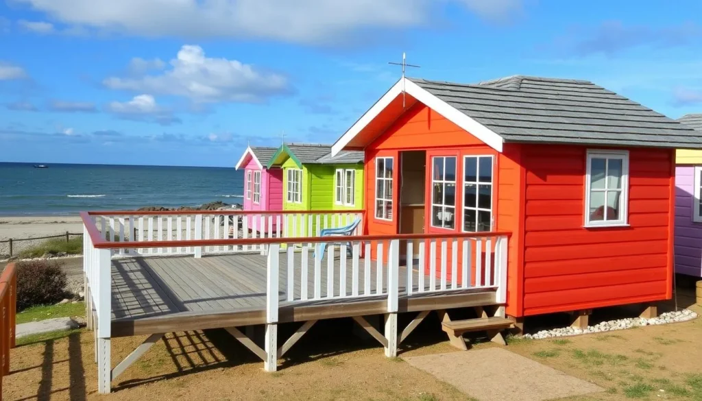 Image of a colorful beach hut on Mersea Island with a decking area and sea views