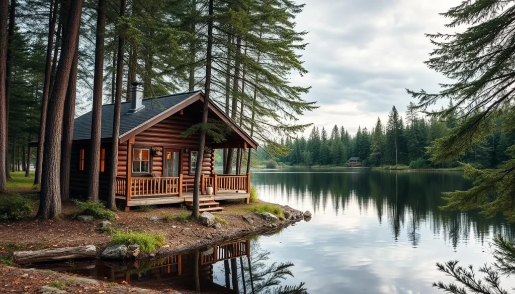 Image of a cozy Finnish lakeside cabin surrounded by trees and a serene lake.