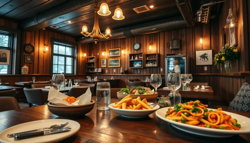Image of a cozy Finnish restaurant with traditional dishes