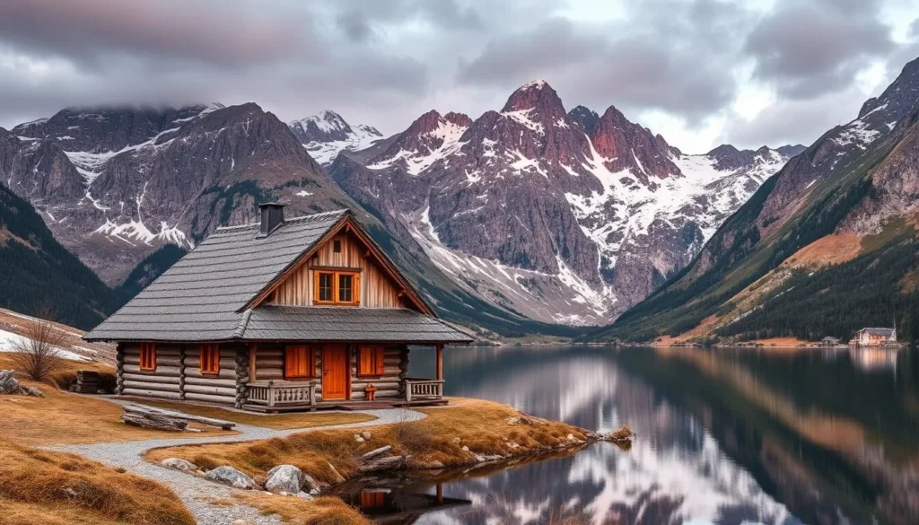 Image of a cozy Norwegian mountain cabin in Trollheimen surrounded by mountains and a serene lake.
