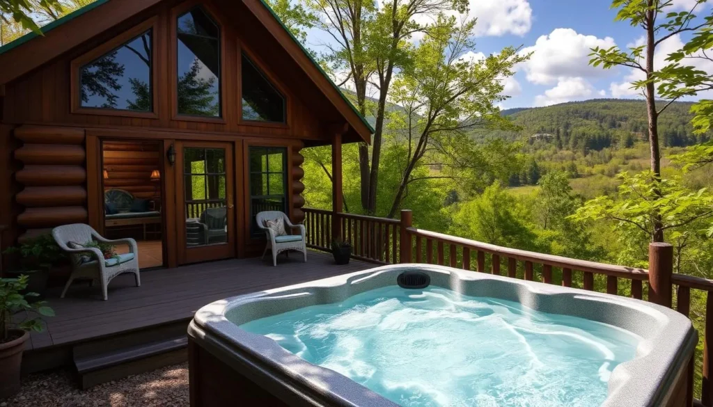 Image of a cozy cabin at Mount Magazine with an outdoor hot tub