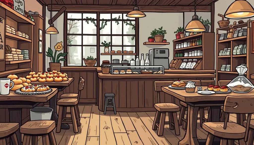 Image of a cozy café in Bakklandet with traditional Norwegian pastries