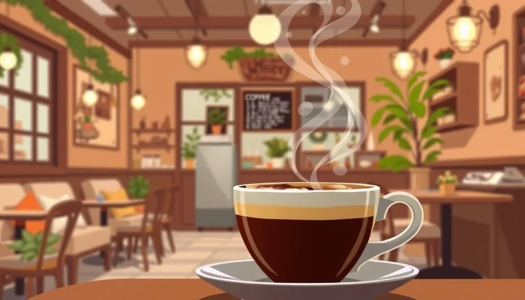 Image of a cozy coffee shop with a warm atmosphere and a cup of expertly brewed coffee.