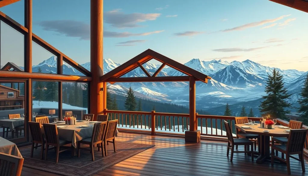Image of a cozy mountain lodge with a dining area offering panoramic views of Hurrungane