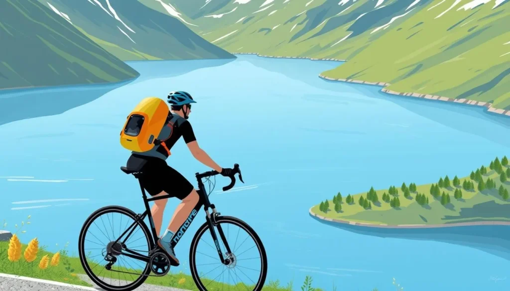 Image of a cyclist enjoying the scenic view of Lake Vinstre along Jotunheimvegen