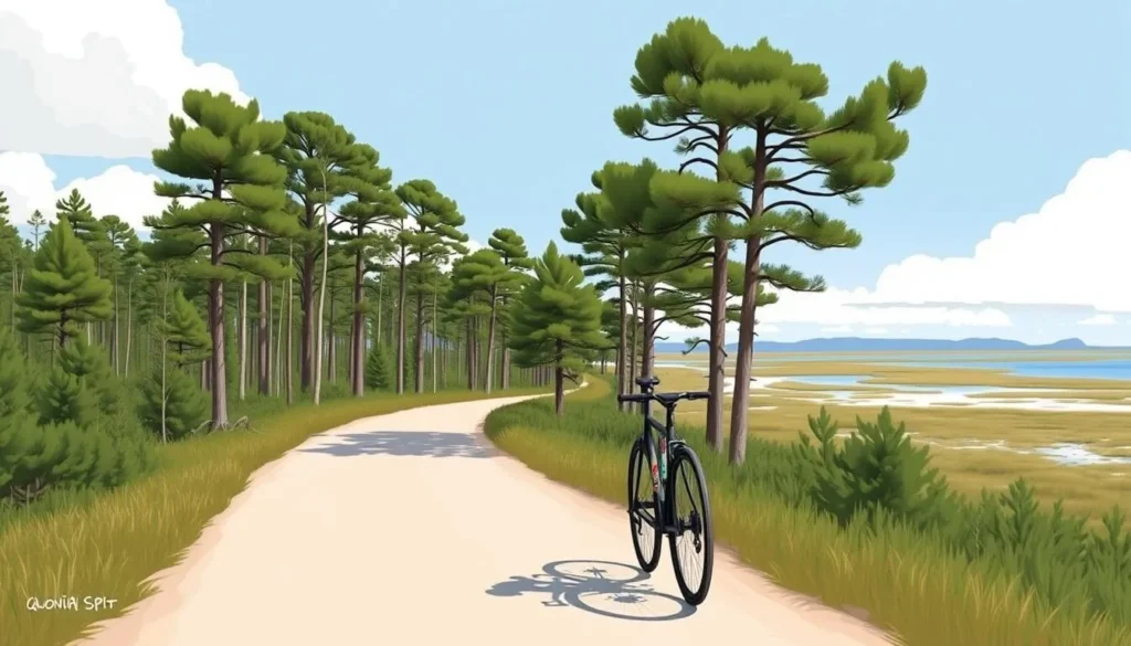 Image of a cyclist riding along the Curonian Spit with pine forests and the lagoon in the background.