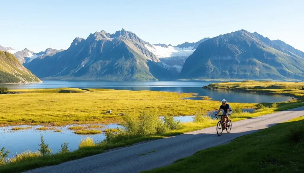 Image of a cyclist riding along the south side of Lake Jolstravatnet with majestic mountains in the background