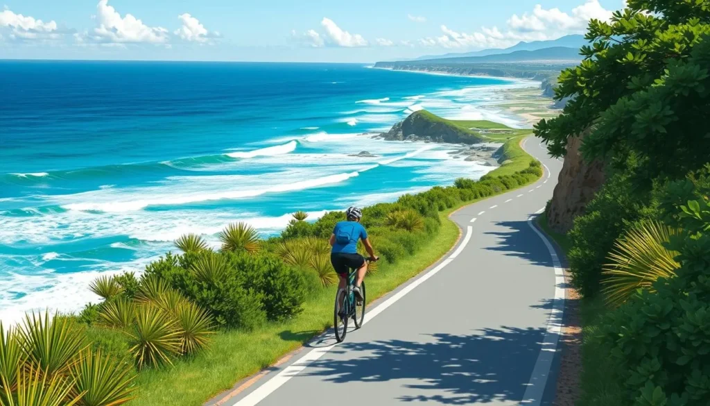 Image of a cyclist riding on a coastal road in La Paloma, Uruguay
