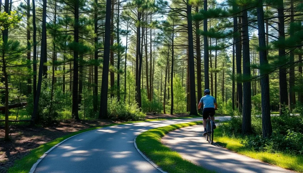 Image of a cyclist riding through a pine forest on the Curonian Spit