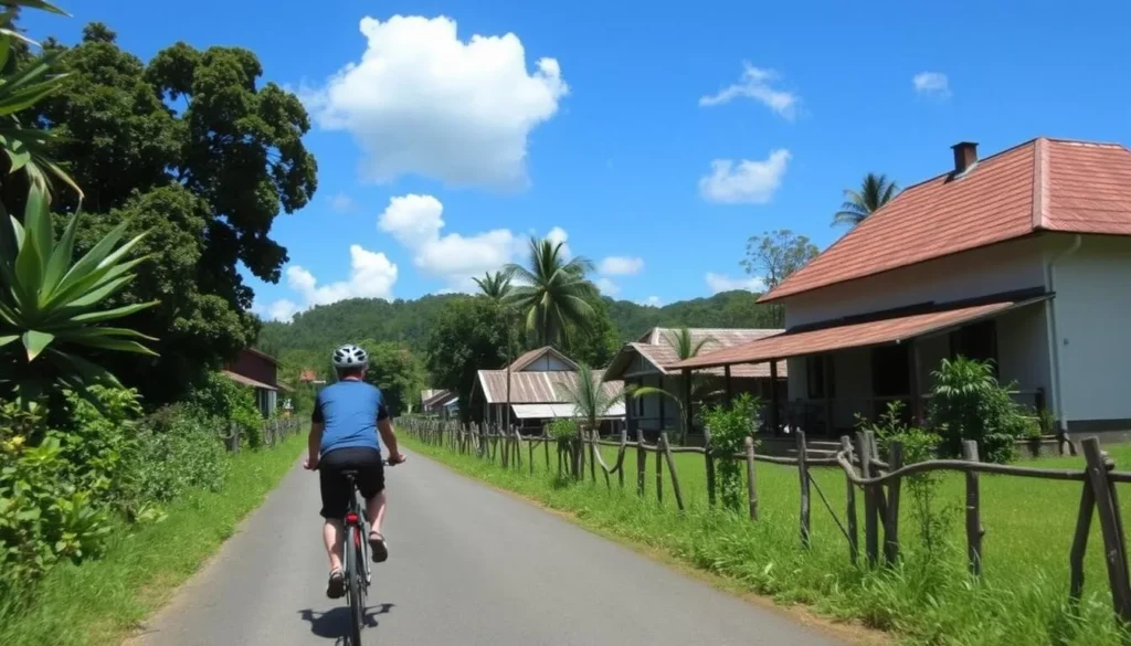 Image of a cyclist riding through a rural village in French Guiana