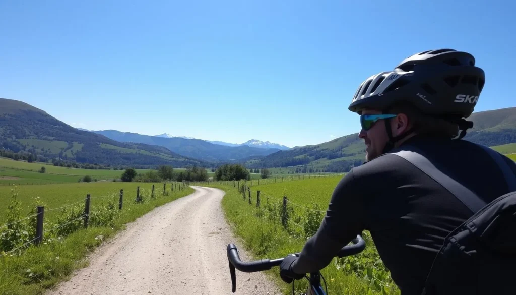 Image of a cyclist riding through the rural landscapes of Montsinery Tonnegrande, with lush greenery and a clear blue sky.
